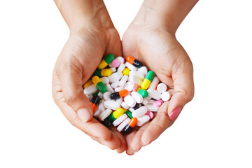 orange, green, black, white, pink pills in hand. PNG format