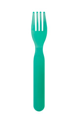 Baby plastic fork, green small fork for children isolated
