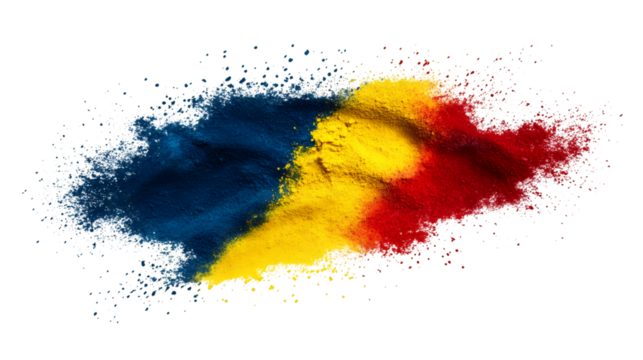 Romanian flag created with colored powder exploding creating a beautiful effect over a transparent background