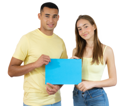 Young diverse couple holding together a blue paper wearing casual clothes standing isolated over transparent background. PNG transparent - Powered by Adobe