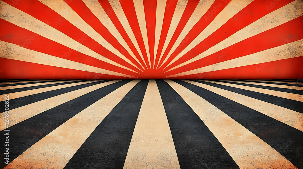Poster retro sunburst design with red rays and striped floor in geometric style background