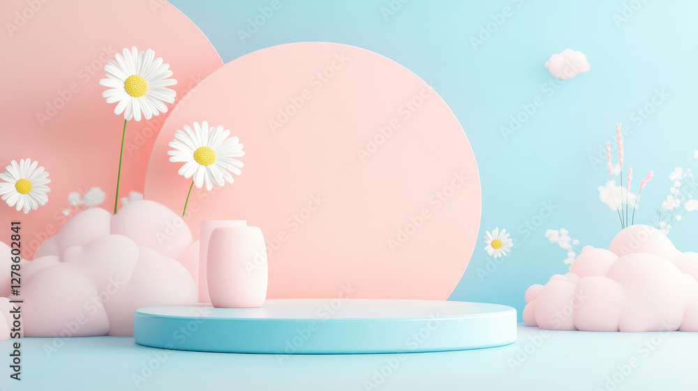 Poster soft glowing 3d daisies with floating clouds create serene atmosphere. pastel colors and gentle shap