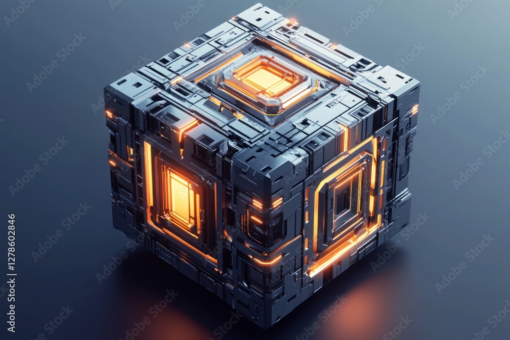 Poster glowing metallic cube with intricate internal mechanism.
