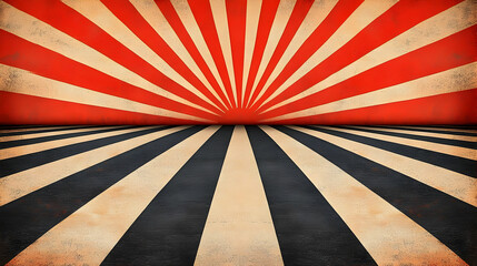 Retro Sunburst Design with Red Rays and Striped Floor in Geometric Style Background
