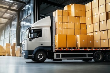 Large White Delivery Truck Loaded with Many Cardboard Boxes in a Warehouse