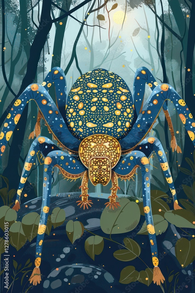 Poster a vibrant, stylized spider with intricate patterns in a mystical forest setting.