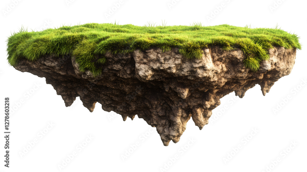 Poster fantasy floating island with green grass and rocks isolated on transparent background, ideal for pho