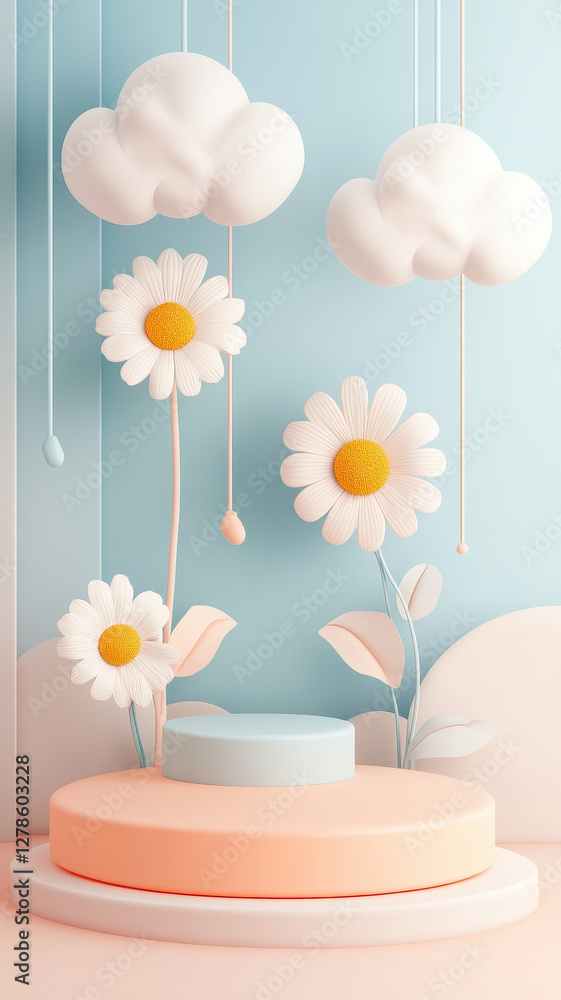 Aufkleber soft glowing 3d daisies with floating clouds create whimsical scene. pastel colors and playful desig
