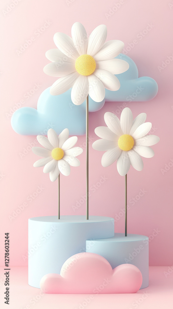 Poster soft glowing 3d daisies with floating clouds create whimsical scene