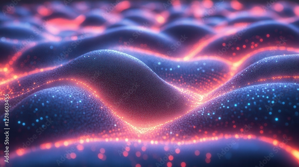 Poster vibrant waves glow with intricate patterns, showcasing a blend of deep blues and bright neon. this c