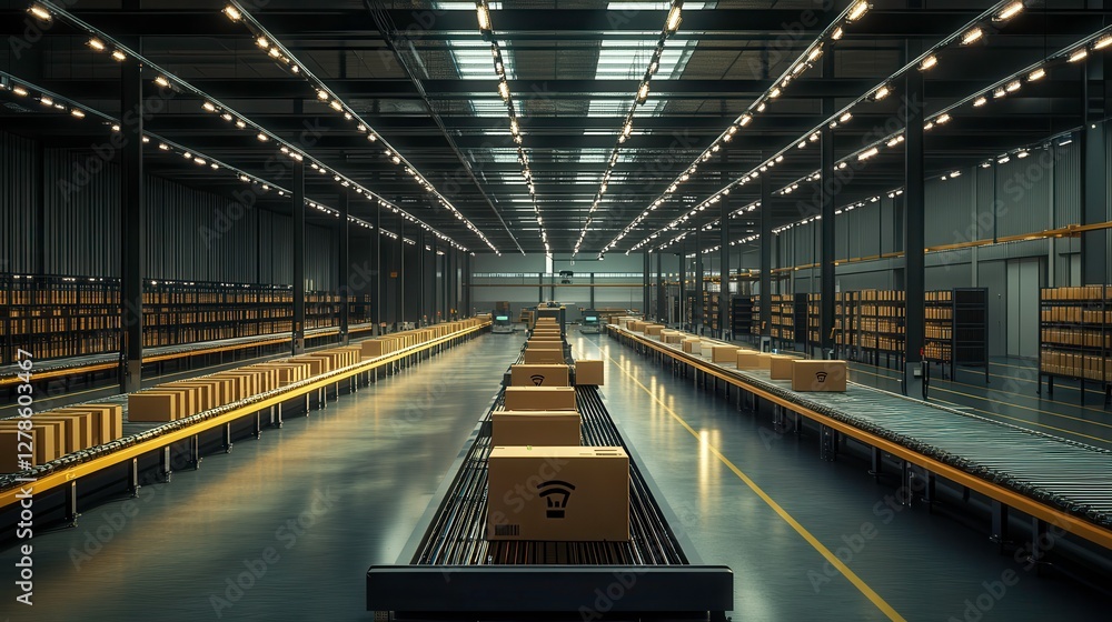 Poster a spacious, modern warehouse filled with neatly arranged boxes, illuminated by overhead lights, show