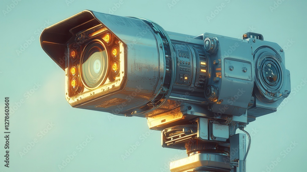 Poster a futuristic camera with a large lens and intricate design, positioned on a sturdy base, capturing t