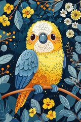 A colorful cartoon parrot perched among vibrant flowers and leaves.