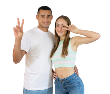 Young beautiful couple over transparent background smiling with happy face winking at the camera doing victory sign. Number two. PNG transparent