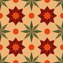 Seamless Geometric Floral Pattern with Red Star Motifs, Green Leaves, and Orange Circles on a Warm Beige Background in a Stylish Vector Illustration for Textiles, Wallpapers, Packaging, and Decorative