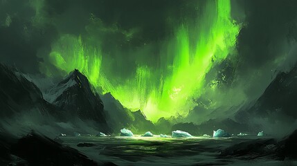 Majestic northern lights illuminate icy mountains and tranquil waters at night in a stunning natural display