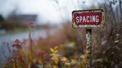 Aged Red Spacing Signpost with Weathered Background Amidst Nature, Emphasizing Rustic Charm, Isolated in Serene Autumn Setting Alongside a Quiet Pathway