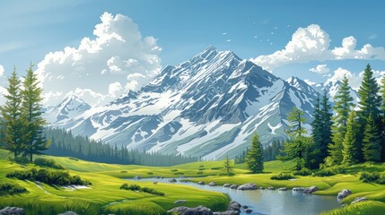 Serene Mountain Valley Landscape: A Breathtaking Vista of Majestic Peaks, Lush Meadows, and a Tranquil Stream