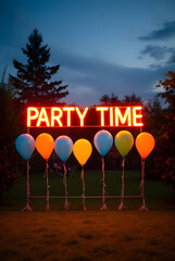 Neon Text "Party Time" Neon Sign at Night with Classic Lights and colorful balloon Night with Fire and Flame Effects Sign with Fire and Flame Effects