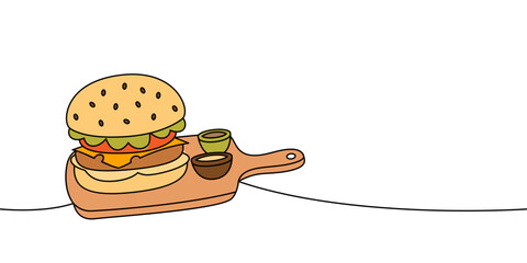 Burger on wooden board one line colored continuous drawing. Traditional American fast food.