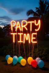 Text 'Party Time" glowing neon light orange light  with colorful balloon and Festive Celebration Design