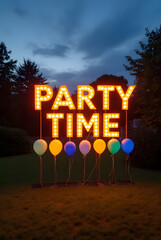 Burning Neon Text "Party Time" Neon Sign at Night with Classic Lights and colorful balloon Night with Fire and Flame Effects Sign with Fire and Flame Effects