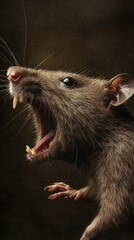 A detailed close-up photograph captures the intense and dramatic expression of a small rodent as it displays its teeth and claws, highlighted by intricate fur texture.