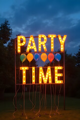 Text "Party Time" Neon Sign at Night with Classic Lights and colorful balloon and Fun Atmosphere with Neon Lights at Night