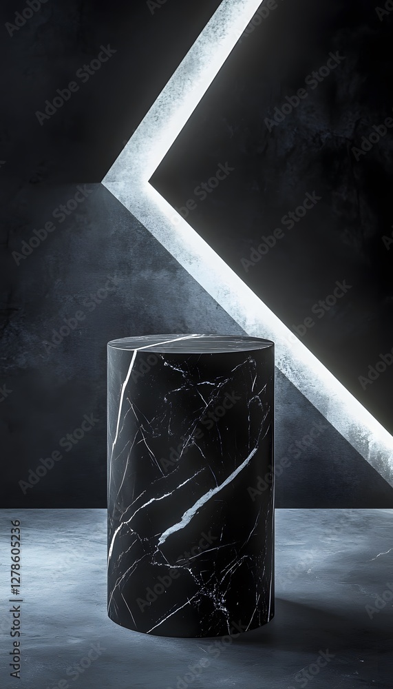 Poster marble cylinder stands before an angular light against dark background