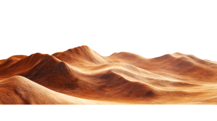 3D rendering showcasing a stunning Martian landscape featuring expansive sand dunes against a transparent background, highlighting extraterrestrial beauty