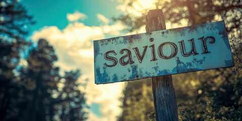 Rustic wooden sign with the word 'saviour' in the foreground, set against a serene and blurred wooded landscape, bathed in a warm glow from the sun.