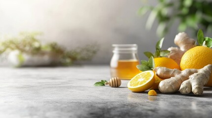 Minimalist 3D Render of Nutrient-Dense Superfoods with Honey