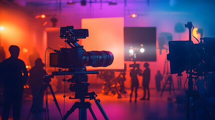 commercial video film movie making lighting set professional studio production big working people silhouette scenes behind television camera motion picture equipment crew photo light