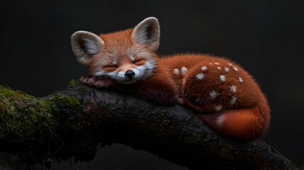 Fototapeta premium Sleeping red panda cub on mossy branch, dark forest background, wildlife photography