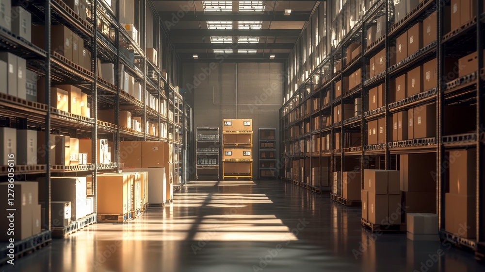 Poster a well-organized warehouse with illuminated shelves lined with boxes, creating a spacious and effici