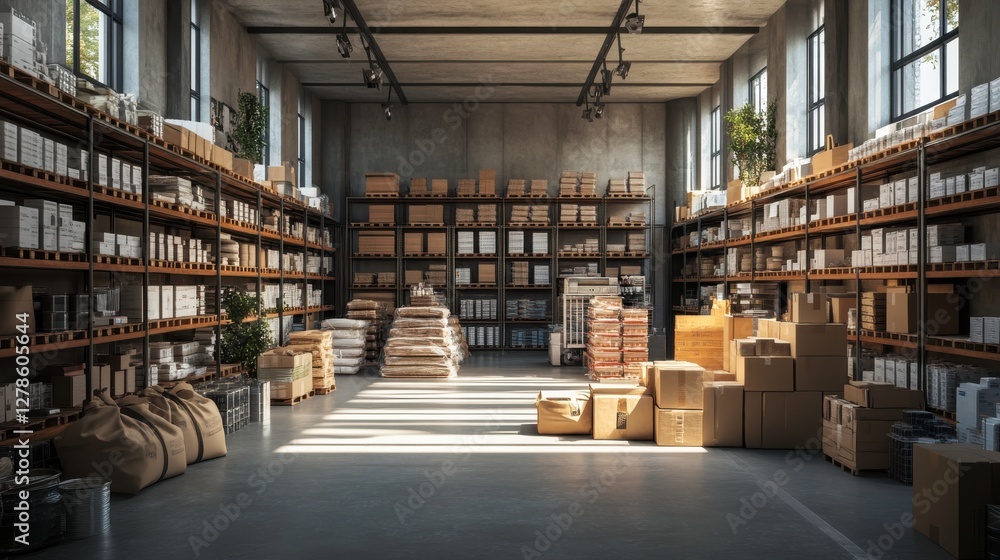 Poster a spacious warehouse filled with neatly stacked boxes and shelves, illuminated by natural light filt