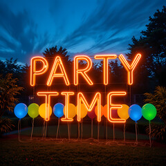 Text "Party Time" Neon Sign at Night with Classic Lights and colorful balloon and Fun Atmosphere Neon Sign with Lights and Celebration Theme