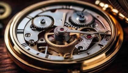 Macro shot of an antique pocket watch's inner gears, showcasing the fine mechanical craftsmanship, intricate detailing, and time-honored design that make it a timeless piece of engineering.