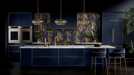 Luxury navy blue kitchen with gold accents, marble island, and pendant lights.