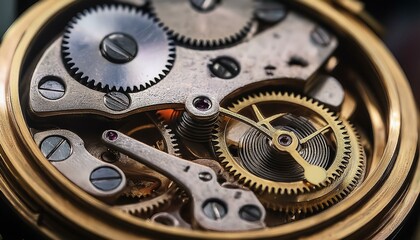 Macro shot of an antique pocket watch's inner gears, showcasing the fine mechanical craftsmanship, intricate detailing, and time-honored design that make it a timeless piece of engineering.
