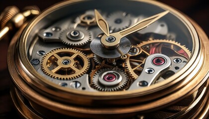 Macro shot of an antique pocket watch's inner gears, showcasing the fine mechanical craftsmanship, intricate detailing, and time-honored design that make it a timeless piece of engineering.