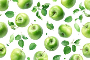 Green Apples and Leaves Isolated on White Background
