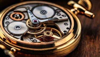 Macro shot of an antique pocket watch's inner gears, showcasing the fine mechanical craftsmanship, intricate detailing, and time-honored design that make it a timeless piece of engineering.