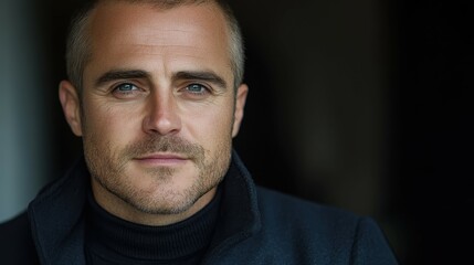 Fototapeta premium A man with short, light-colored hair and a well-groomed beard gazes calmly at the viewer. He wears a dark turtleneck and appears relaxed, sitting indoors, illuminated by soft lighting