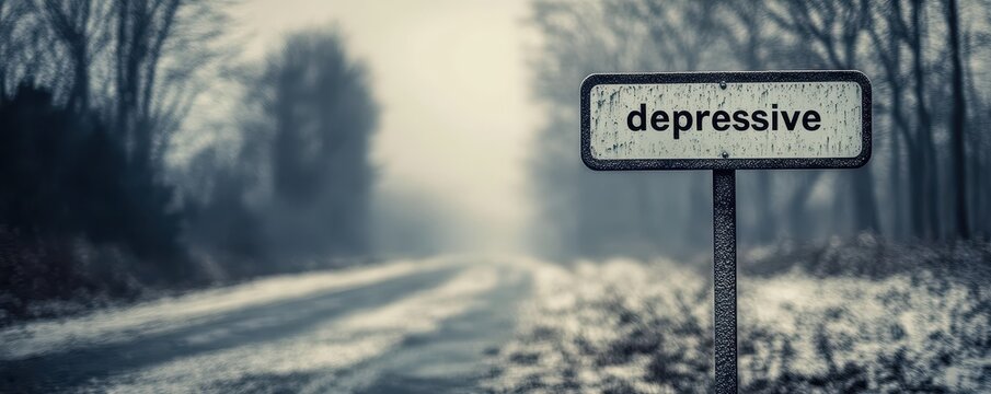 A somber, foggy road enveloped by eerie trees under a cold gray sky, with a sign labeled 'depressive' symbolizing the feeling of dreariness and isolation.