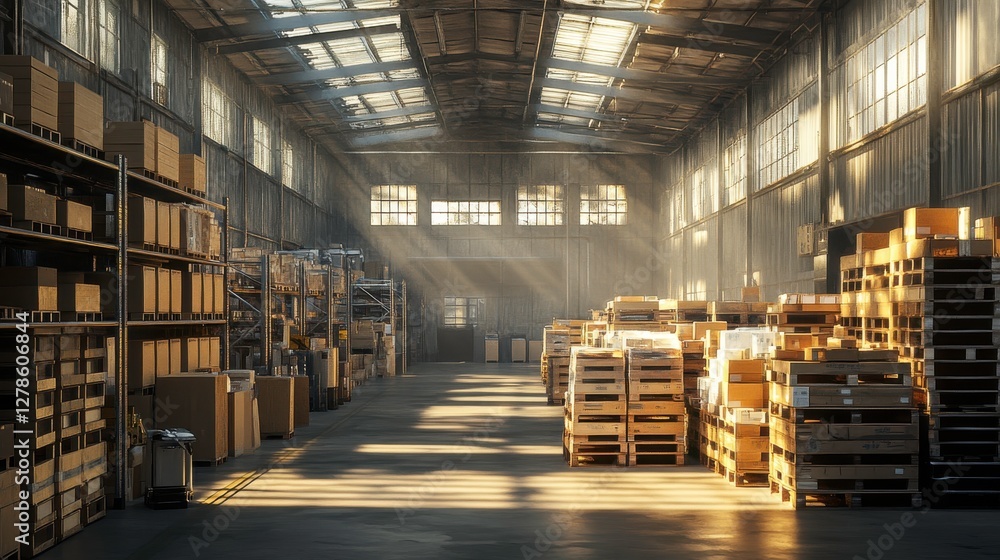 Poster a spacious warehouse filled with stacked boxes and pallets, illuminated by beams of sunlight streami