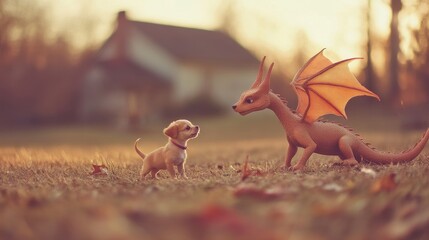 Obraz premium A tiny puppy and a miniature dragon meet in a field, bathed in the golden light of sunset. An unlikely friendship blossoms.