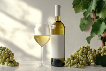 White Wine Bottle Glass and Grapes Elegant Still Life Photography for Wine Label Design