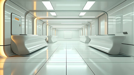 Futuristic white corridor with modern design and illuminated panels