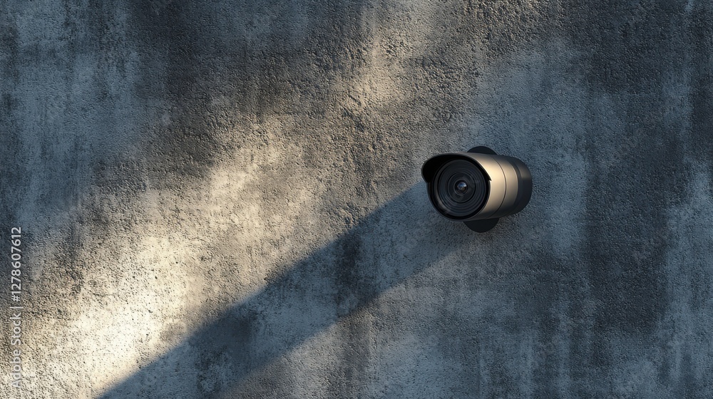 Poster a surveillance camera mounted on a textured wall, casting a shadow, emphasizes security and monitori